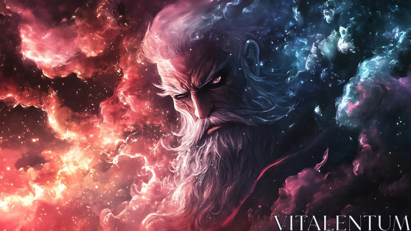 Celestial elder materializes within bifurcated cosmic nebula.