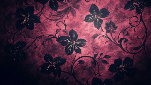 Dark Floral Pattern with Golden Stamens on Magenta Background.