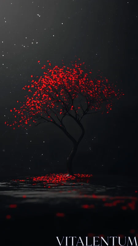 Solitary red tree glows against a moody dark horizon.