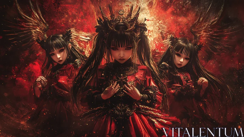 Triptych of gothic winged dolls in baroque crimson inferno lighting