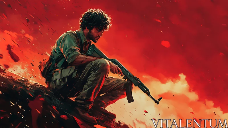 Solitary combatant crouches amid blazing crimson fallout.