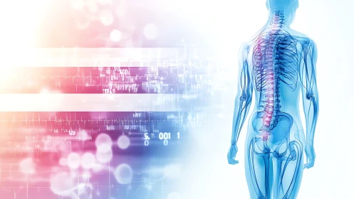 Human spine anatomy with digital medical data overlay.
