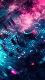 DJ mixer console glows under neon smoke in dramatic closeup