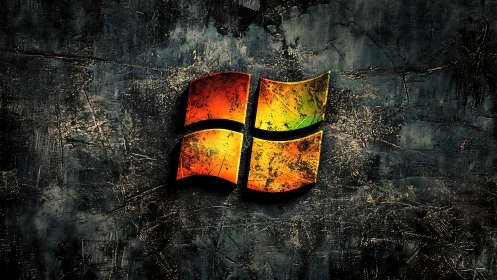 Grunge-style metallic window logo on dark textured wall.