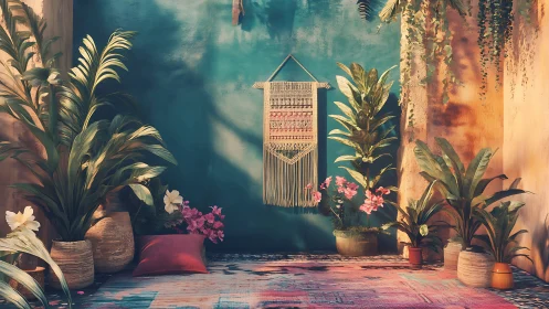 Sunlit jungle corner with woven wall charm and quiet pillows.