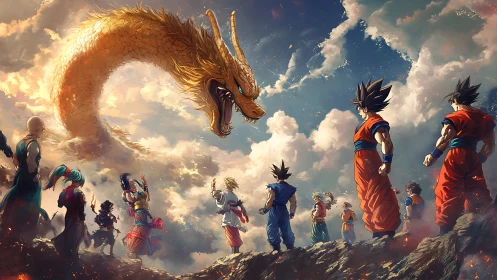 Group of warriors facing large golden dragon in clouds.