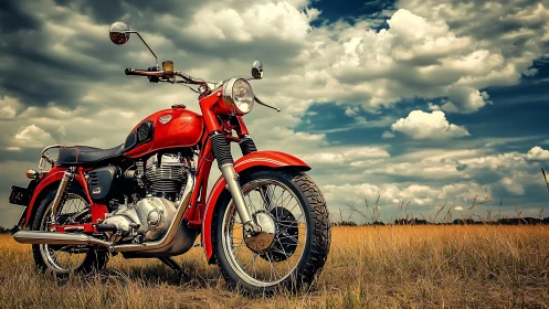 Red vintage motorcycle stands in tall dry grass under clouds