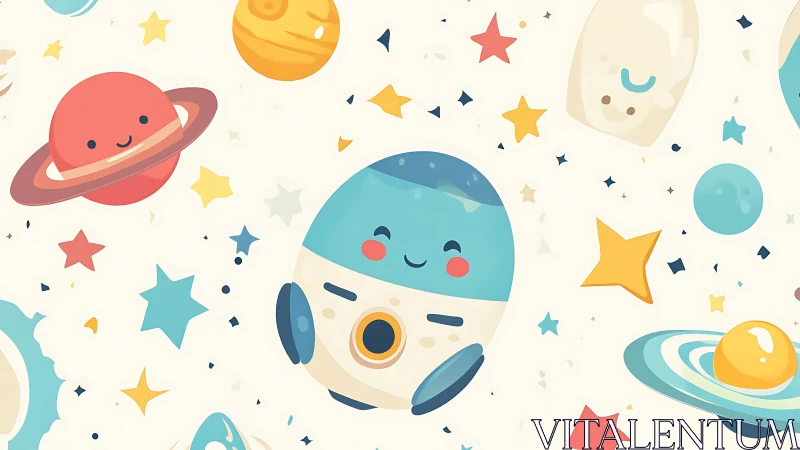 Cartoon rocket and planets form a repeating space pattern