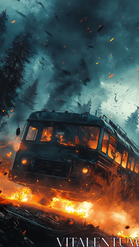 Runaway wildfire bus carving through ember-choked forest skies.