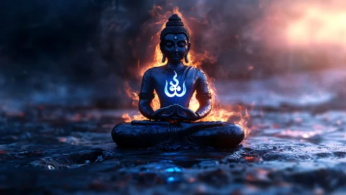 Quiet flame of meditation in a glowing evening landscape.