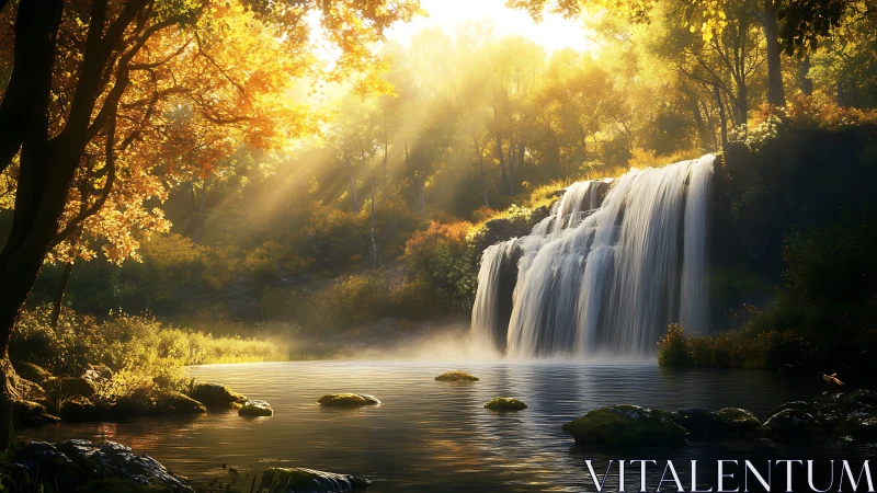 Backlit forest waterfall captures volumetric light and mist dynamics