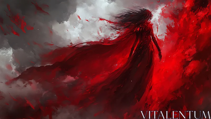 Silhouetted robed figure in red against storm clouds.