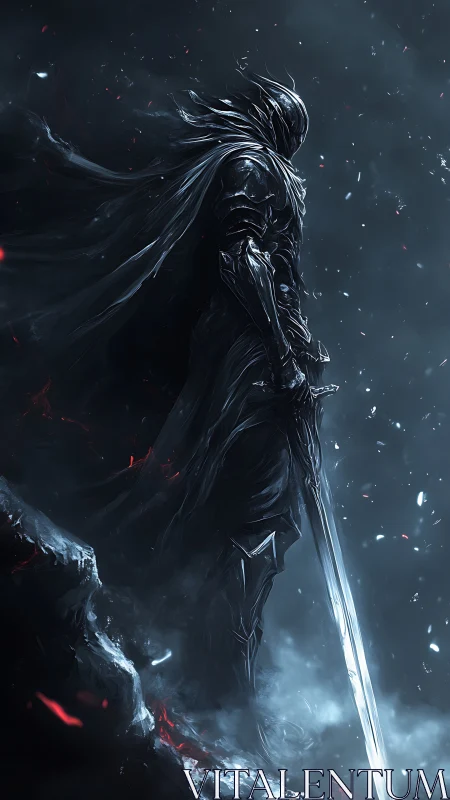 Obsidian-clad dark knight with broadsword in volatile haze.