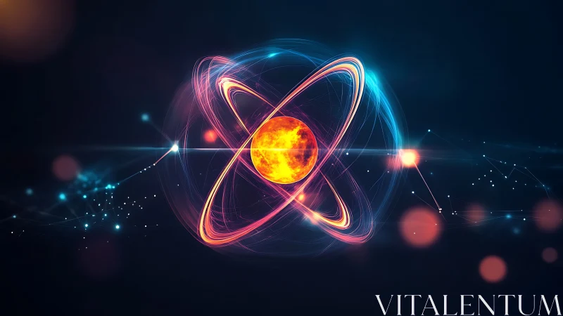 Glowing atomic nucleus radiates energy in a futuristic space