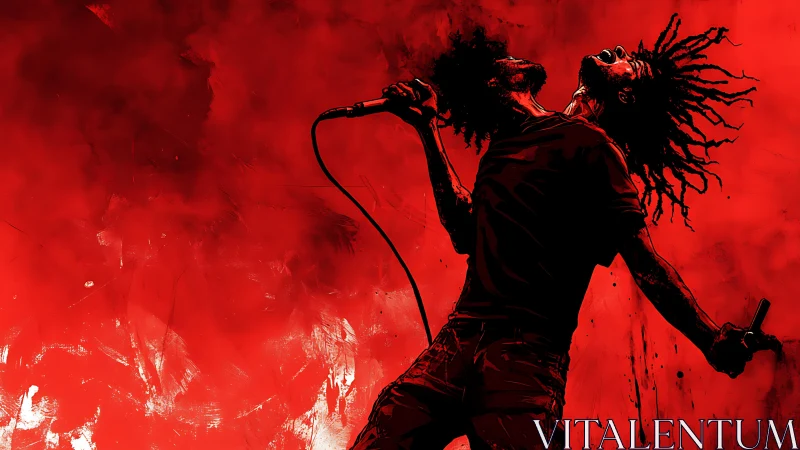 Digital painting of dual rock vocalist silhouette on red field.