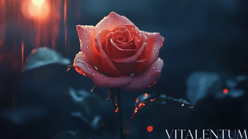 Luminous rose burns through twilight rain in jeweled silence.