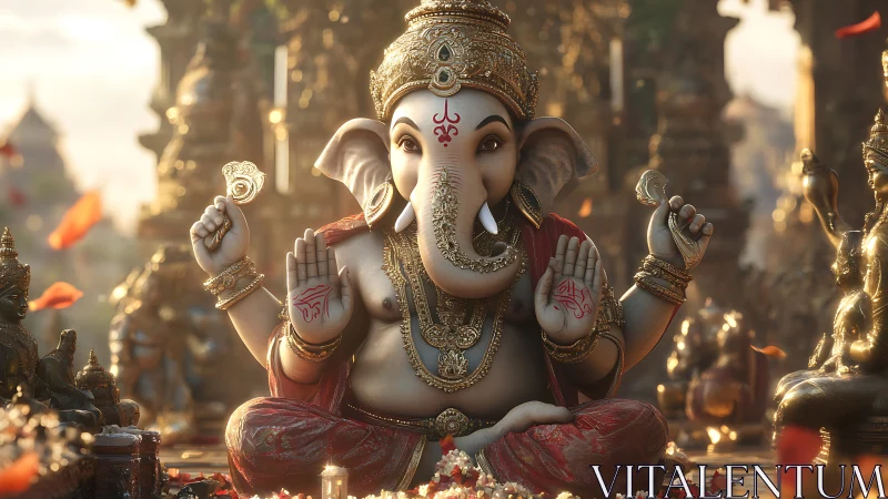 Intricately rendered Ganesha deity in luminous temple courtyard.