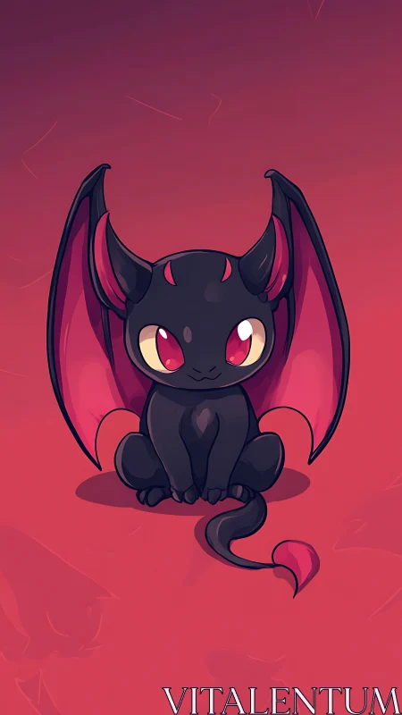 Cute chibi bat-dragon creature sits in warm pink glow.