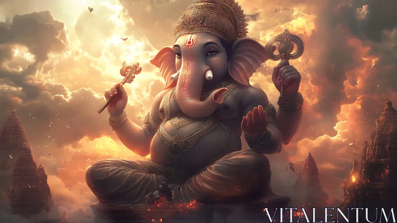 Radiant Ganesha seated in glowing sunset temple clouds.