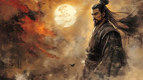 Samurai figure before full moon in textured painted sky.