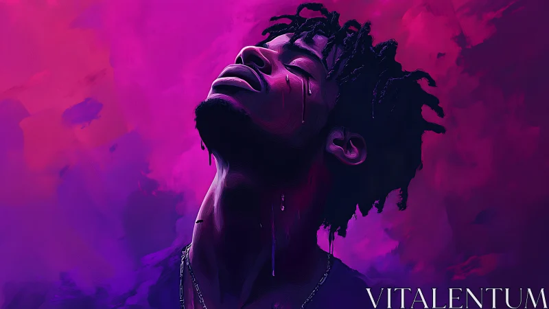 Digital portrait of man with raised head on magenta ground.