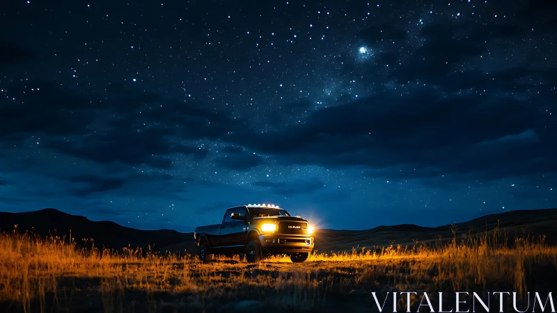 Off-road pickup illuminated beneath expansive starry skies.