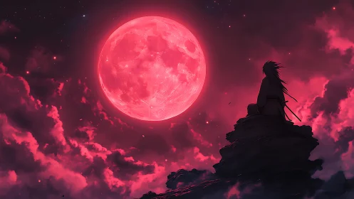 Silhouetted figure observes large red moon in dense clouds
