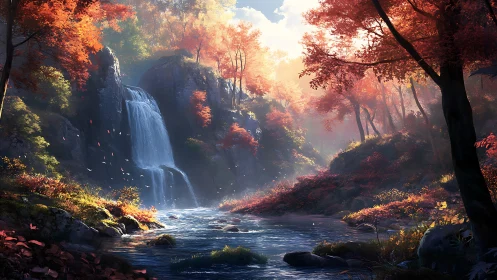 Autumn forest ravine with waterfall and reflective stream.