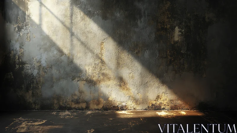 Sunlit beam cuts across textured decayed concrete wall