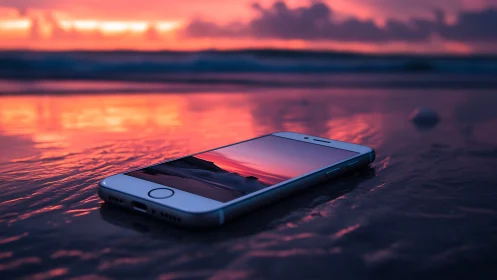 Smartphone positioned on wet sand during coastal sunset conditions.
