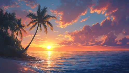 Palm silhouettes drinking molten sunset over quiet tides.