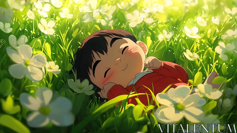 Luminous anime toddler resting amid macro spring flora.