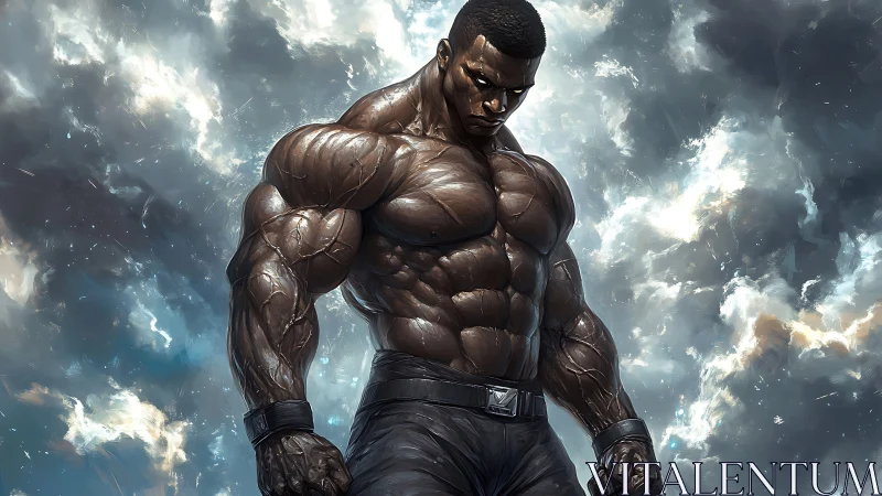 Muscular hero stands against stormy sky in digital realism.