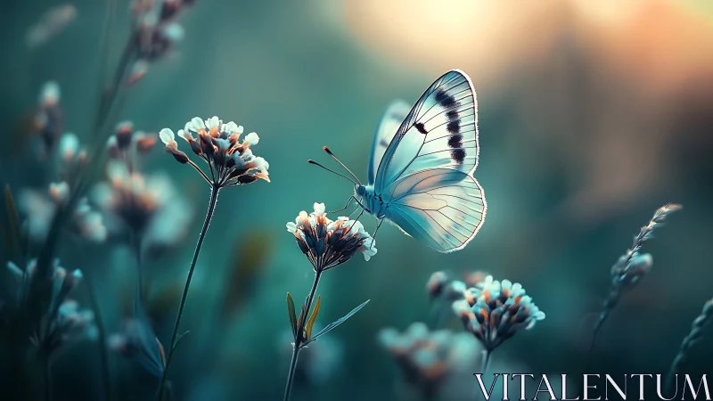 Gentle butterfly resting softly among dreamy wildflowers.