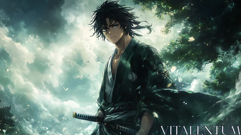 Brooding swordsman stands under stormy forest sky.