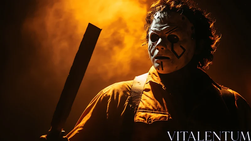 Masked figure stands in fiery orange fog, holding a club.