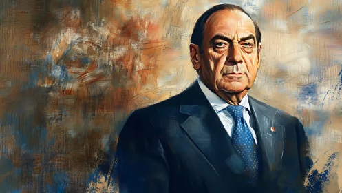 Steel-gazed elder statesman against storm-brushed canvas.