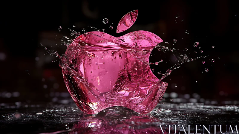 Pink glass apple logo exploding through water splash.