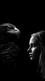Nocturne of girl and eagle in mirrored silvered profiles.