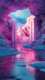 Vertical light pillars stand within a reflective icy cavern