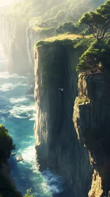 Sunlit emerald cliffs towering over a dream-bright sea breeze.