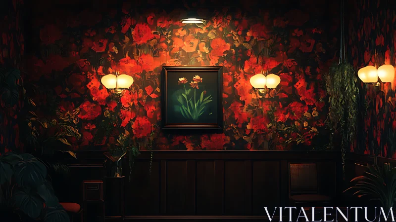 Digital painting of floral wall vignette with moody bar lighting.