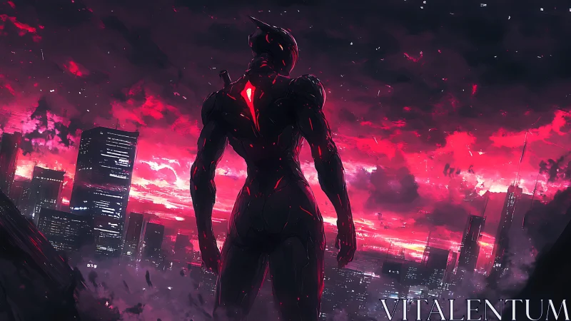 Neon dusk sentinel overlooking a storm-stained megacity skyline.