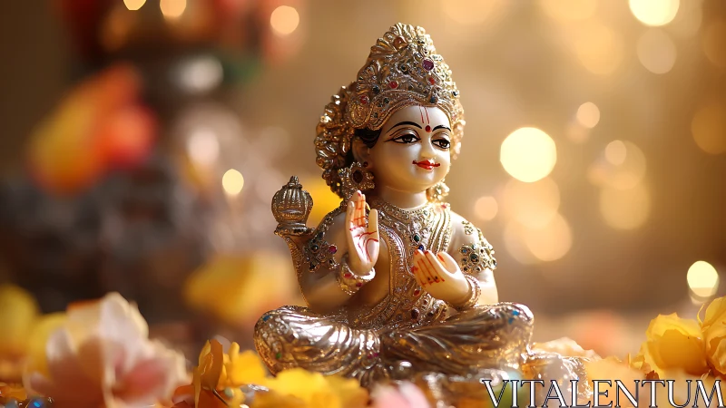Golden Hindu deity statue glows amid soft bokeh lights