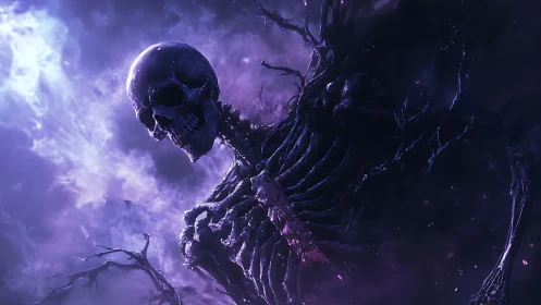 Shadowy skeletal spirit rises through swirling violet mist