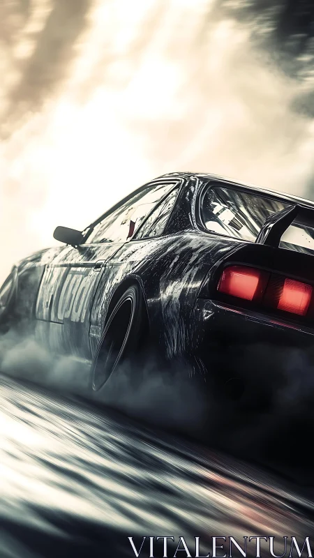 Street racer car skids through misty light on wet asphalt