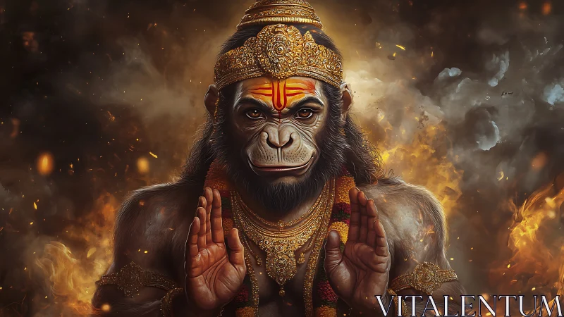 Divine simian warrior amid firelit smoke in rich regalia.