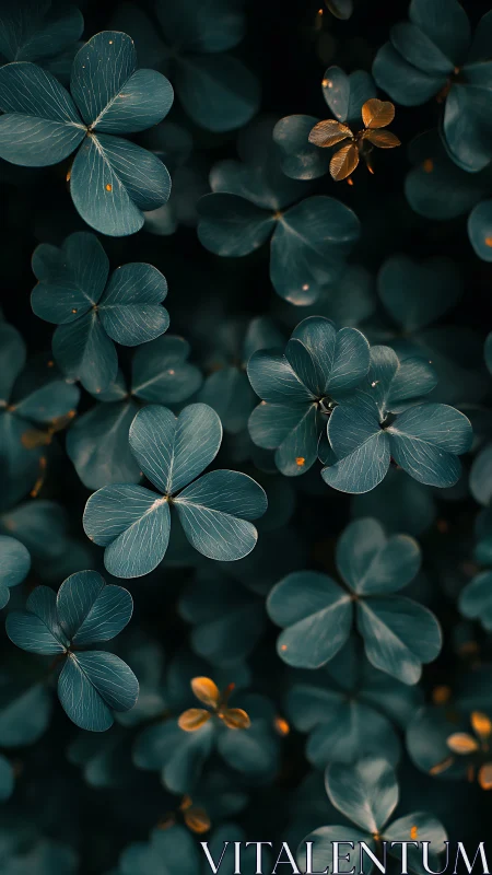 Dark teal clover leaves surround small golden accents in focus