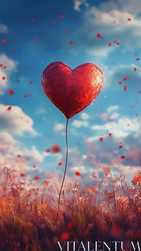Geometric red heart-shaped balloon suspended in cloudy sky.
