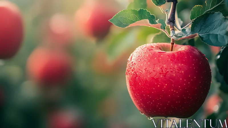 Ripe red apple with dewdrops in soft orchard bokeh light.